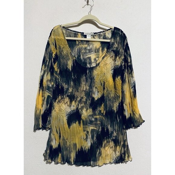 Alberto Makali Top Womens Large Yellow Black Artsy Boho Crinkly Flowy Sheer Boho - Picture 1 of 6